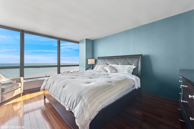 bedroom featuring a wall of windows, wood finished floors, and a water view