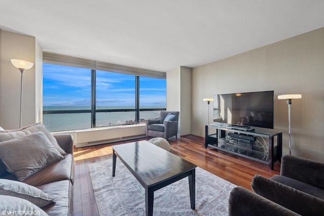 living area with wood finished floors and baseboard heating