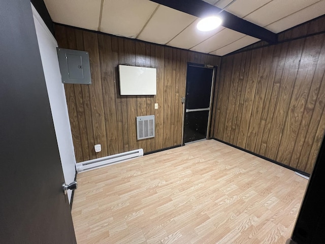 unfurnished room with a baseboard radiator, wood walls, visible vents, light wood-style floors, and electric panel