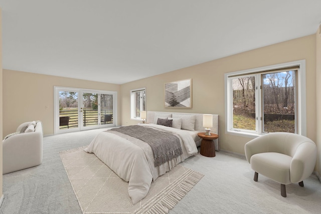 bedroom featuring carpet floors, access to exterior, and baseboards