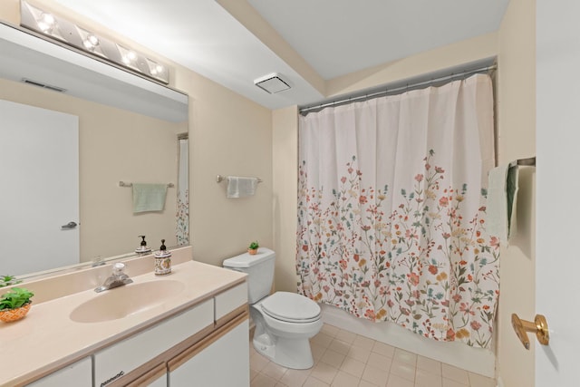 bathroom with toilet, tile patterned flooring, shower / tub combo with curtain, and vanity