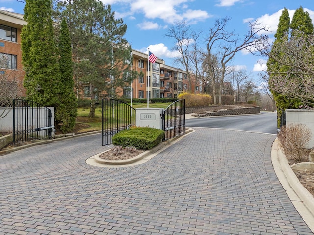 view of decorative road with curbs, a gate, and a gated entry