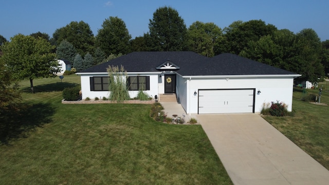 single story home featuring a front yard, driveway, and an attached garage