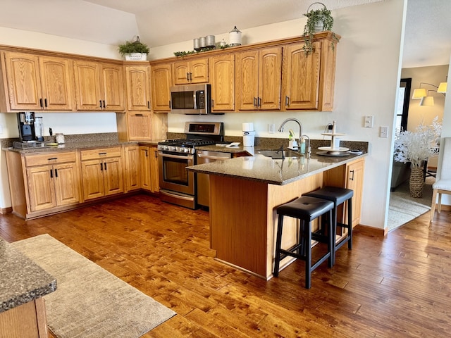 kitchen with dark wood finished floors, stainless steel appliances, a sink, a peninsula, and a kitchen bar