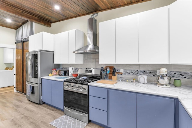 kitchen featuring tasteful backsplash, appliances with stainless steel finishes, wood ceiling, and wall chimney exhaust hood