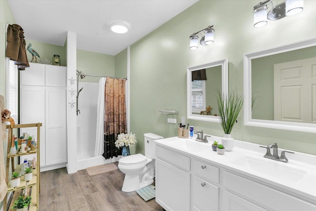 bathroom featuring double vanity, wood finished floors, toilet, and a sink