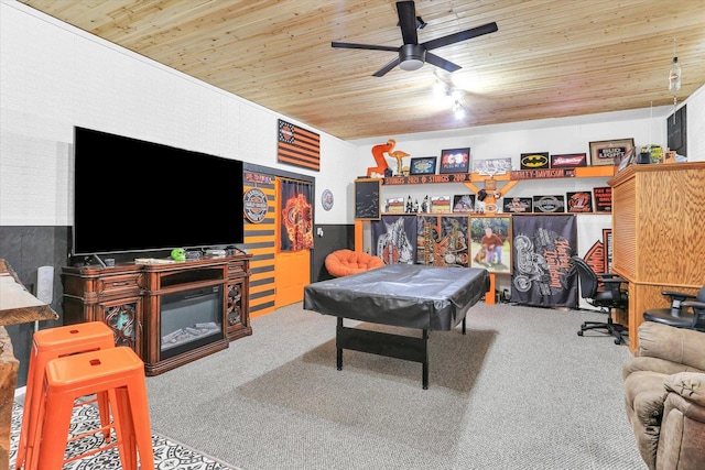 game room featuring ceiling fan, carpet flooring, wooden ceiling, and billiards