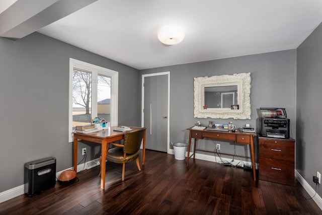 office featuring dark wood-type flooring and baseboards