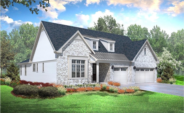 view of front of house with a standing seam roof, a front lawn, decorative driveway, and a shingled roof