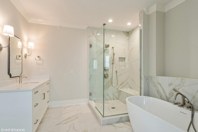 bathroom featuring a marble finish shower, marble finish floor, crown molding, a freestanding tub, and recessed lighting