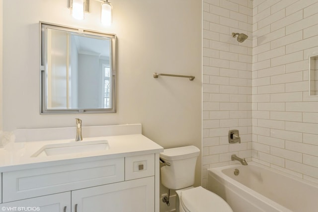 full bath with toilet, vanity, and bathing tub / shower combination