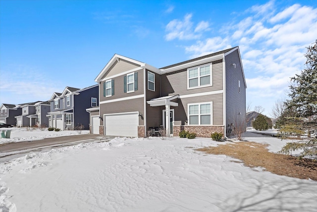 view of front of property featuring brick siding, an attached garage, and a residential view