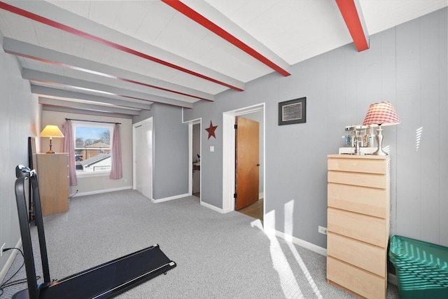 exercise area featuring carpet and baseboards