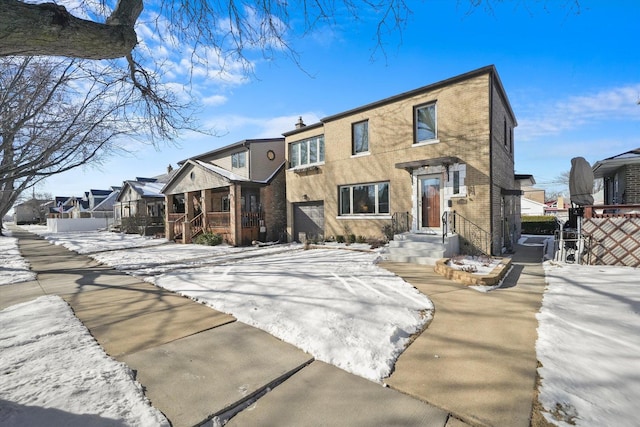 view of front of house featuring a residential view, brick siding, fence, and a chimney