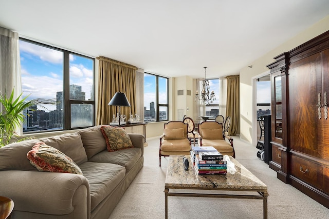 501 N Clinton St Unit 1705, Chicago, IL 60654 - living area with a chandelier, light colored carpet, and a city view