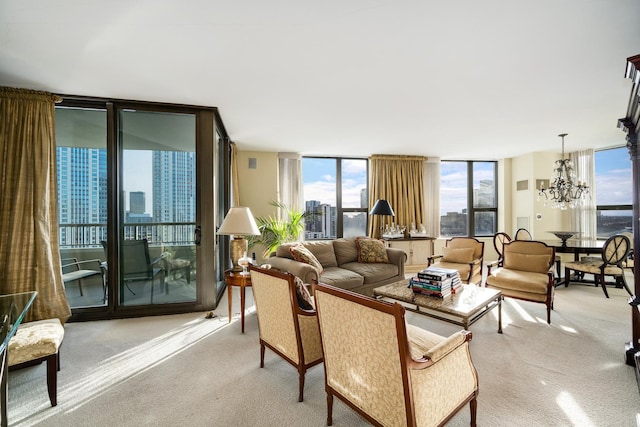 501 N Clinton St Unit 1705, Chicago, IL 60654 - living area with light carpet, floor to ceiling windows, a chandelier, and a view of city