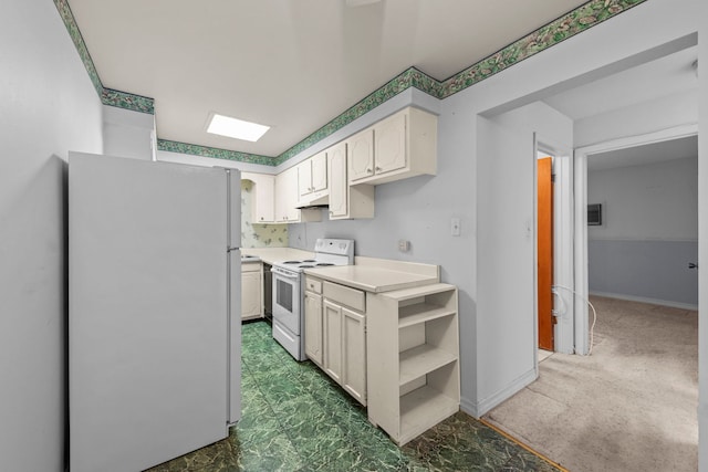 kitchen with open shelves, light countertops, white appliances, under cabinet range hood, and baseboards