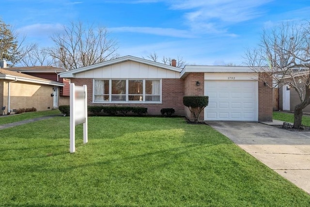 ranch-style house featuring a garage, a front yard, brick siding, and driveway