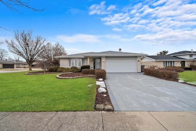 ranch-style home with a garage, concrete driveway, brick siding, and a front lawn