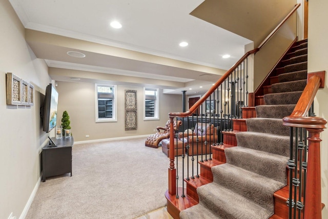 staircase featuring carpet, baseboards, and recessed lighting