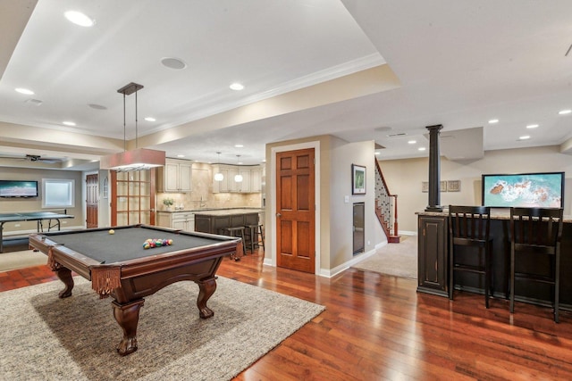 recreation room featuring recessed lighting, billiards, baseboards, ornamental molding, and dark wood-style floors