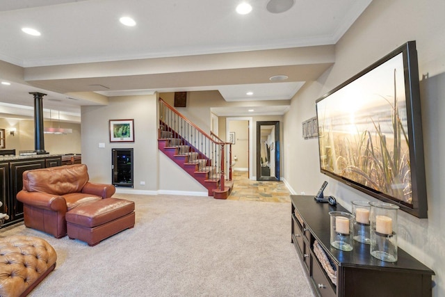 living room with light carpet, stairs, baseboards, and recessed lighting