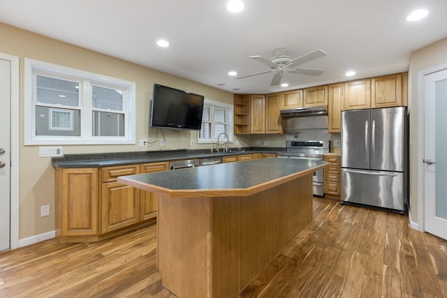 kitchen featuring appliances with stainless steel finishes, light wood-type flooring, a sink, and under cabinet range hood