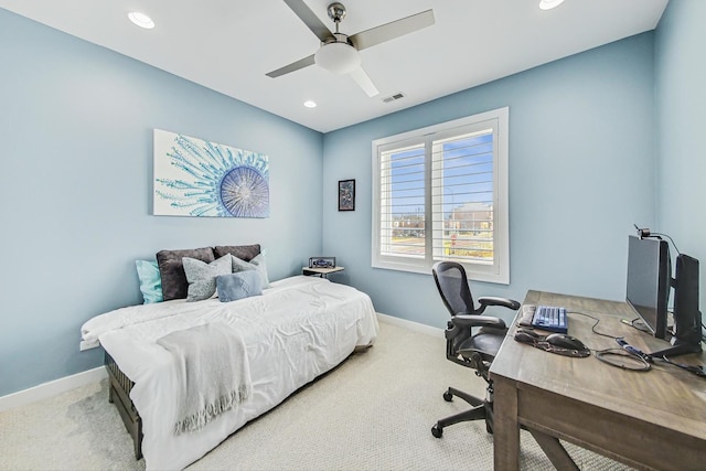 carpeted bedroom featuring visible vents, baseboards, ceiling fan, and recessed lighting