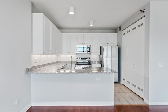 kitchen with stainless steel appliances, a peninsula, a sink, and white cabinets