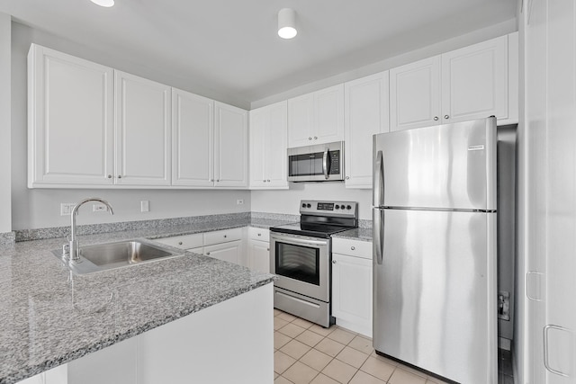 kitchen featuring a peninsula, white cabinetry, appliances with stainless steel finishes, and a sink