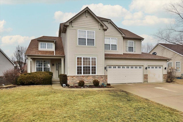 view of front of home with stone siding, concrete driveway, and a front yard