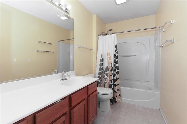 full bathroom with toilet, tile patterned floors, shower / bathtub combination with curtain, and vanity