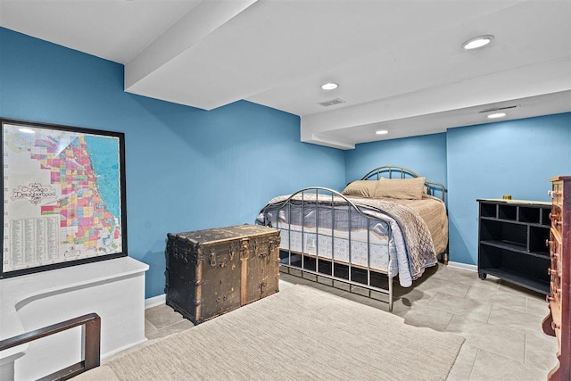 bedroom featuring baseboards, visible vents, and recessed lighting