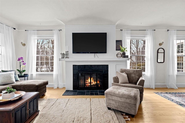 living room featuring light wood-type flooring, a healthy amount of sunlight, a fireplace, and baseboards