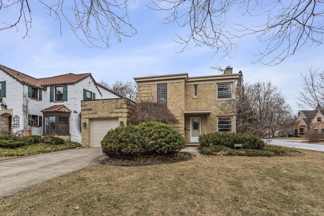 view of front of property featuring brick siding, an attached garage, a chimney, and a front lawn