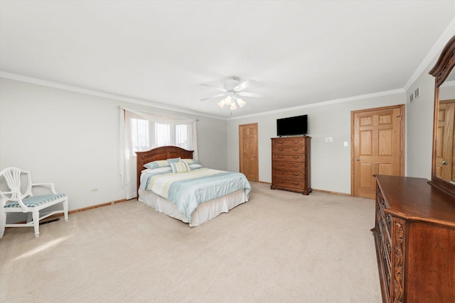 bedroom featuring light carpet, baseboards, visible vents, and ornamental molding