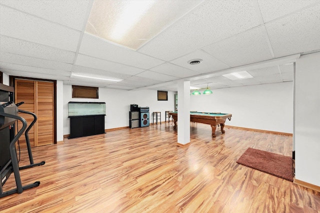 recreation room with a paneled ceiling, pool table, wood finished floors, visible vents, and baseboards