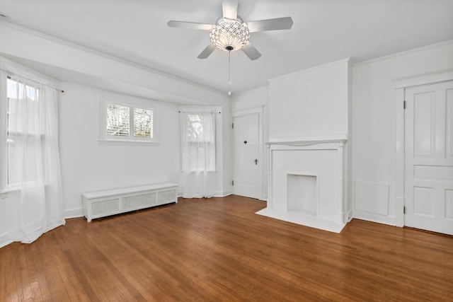 714 Sheridan Rd, Evanston, IL 60202 - unfurnished living room featuring a ceiling fan, wood finished floors, crown molding, radiator heating unit, and baseboards