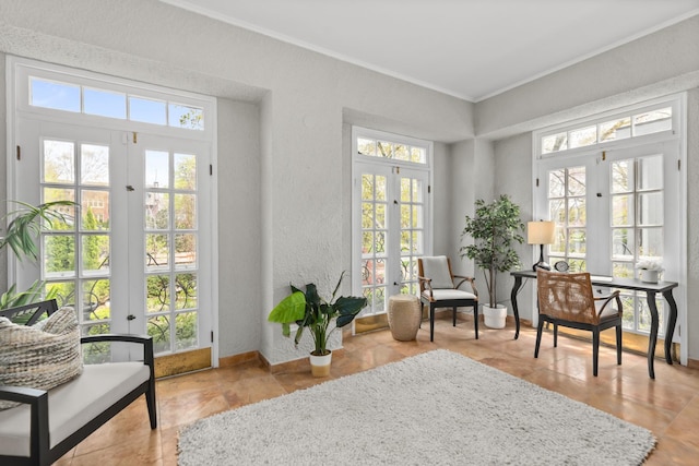 714 Sheridan Rd, Evanston, IL 60202 - sitting room featuring french doors, ornamental molding, a textured wall, and baseboards