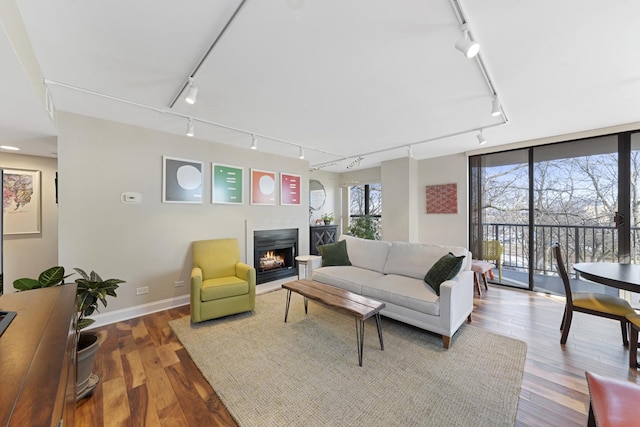 living room with wood finished floors, baseboards, a lit fireplace, floor to ceiling windows, and rail lighting