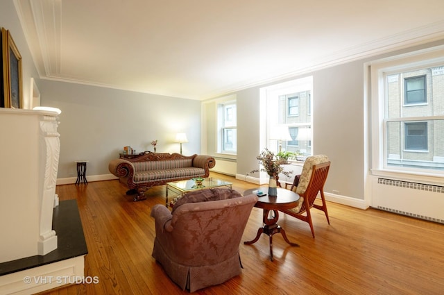 living area with radiator, light wood-style flooring, ornamental molding, and baseboards