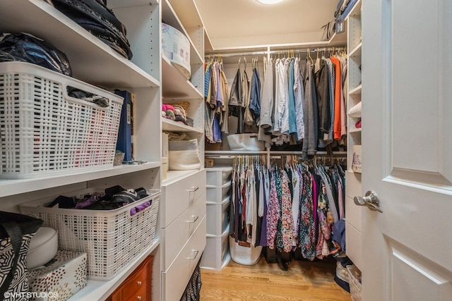 walk in closet with wood finished floors