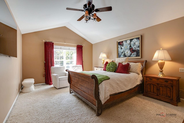 bedroom with light carpet, baseboards, vaulted ceiling, and a ceiling fan