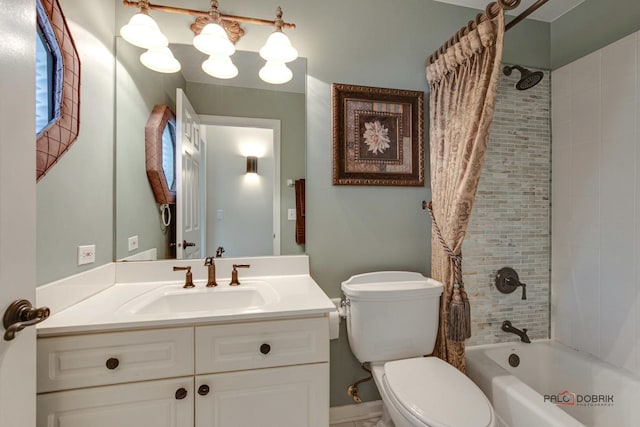 bathroom with vanity, toilet, and shower / tub combo with curtain