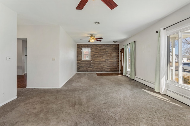 empty room with ceiling fan, carpet, visible vents, and baseboard heating