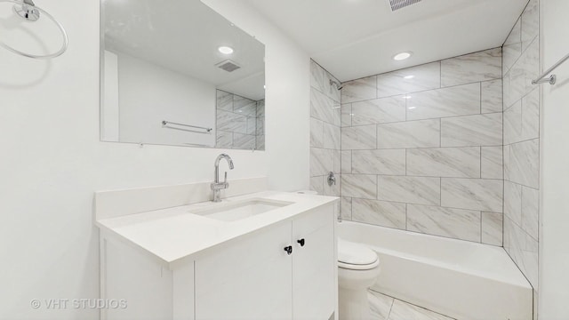 full bathroom featuring shower / bathtub combination, toilet, recessed lighting, visible vents, and vanity