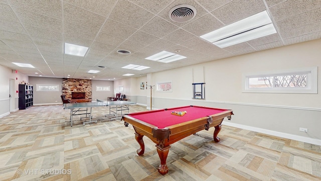 game room featuring a drop ceiling, billiards, visible vents, and baseboards