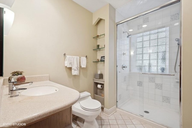 bathroom with vanity, a shower stall, toilet, and tile patterned floors