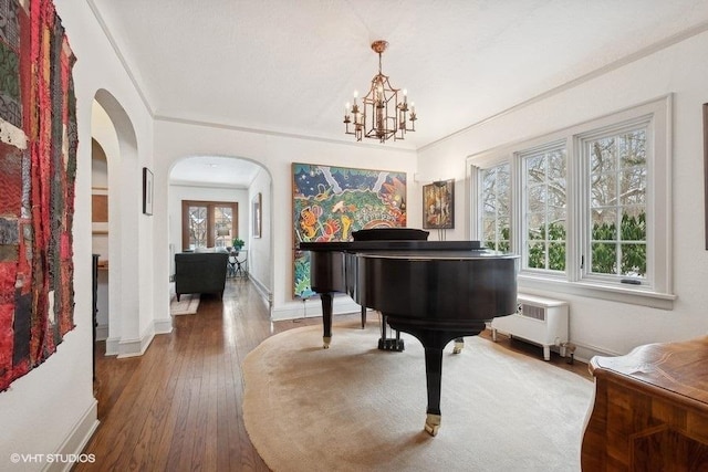 living area featuring radiator, plenty of natural light, arched walkways, and hardwood / wood-style floors