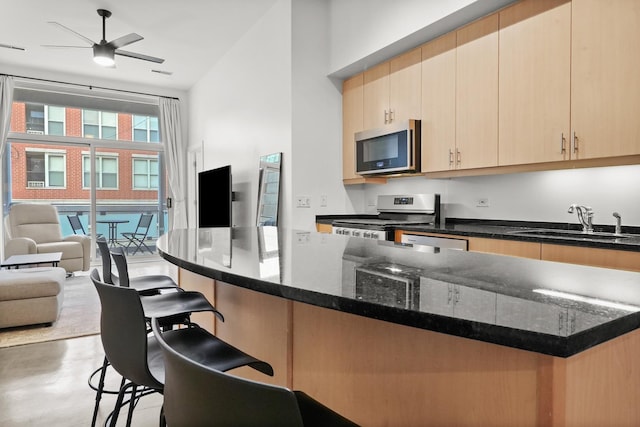 kitchen featuring open floor plan, dark stone countertops, stainless steel appliances, floor to ceiling windows, and a sink